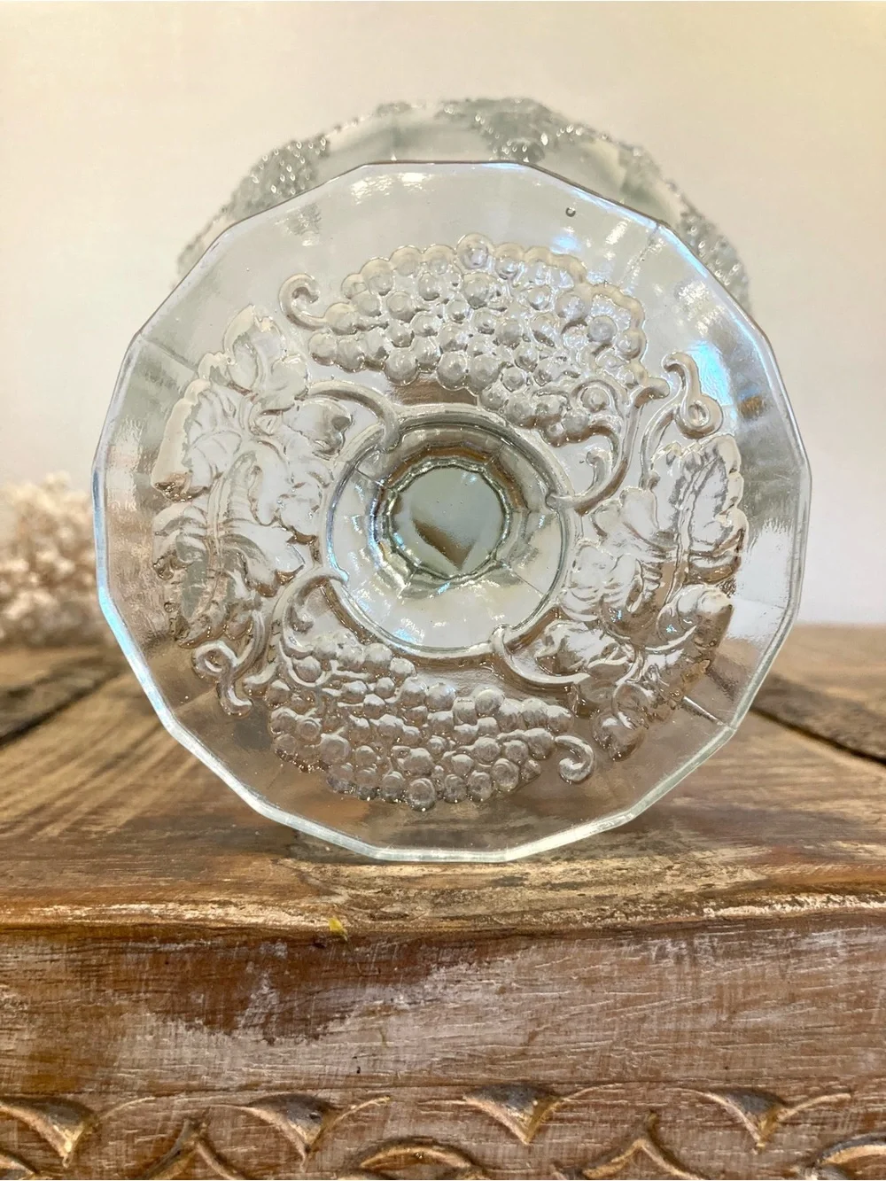 Clear Pressed Glass Compote Serving Bowl with Grape Motif 6” Tall
